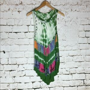 Green Tie-Dye Sleeveless Boho Tunic with Pink & Purple Accents
